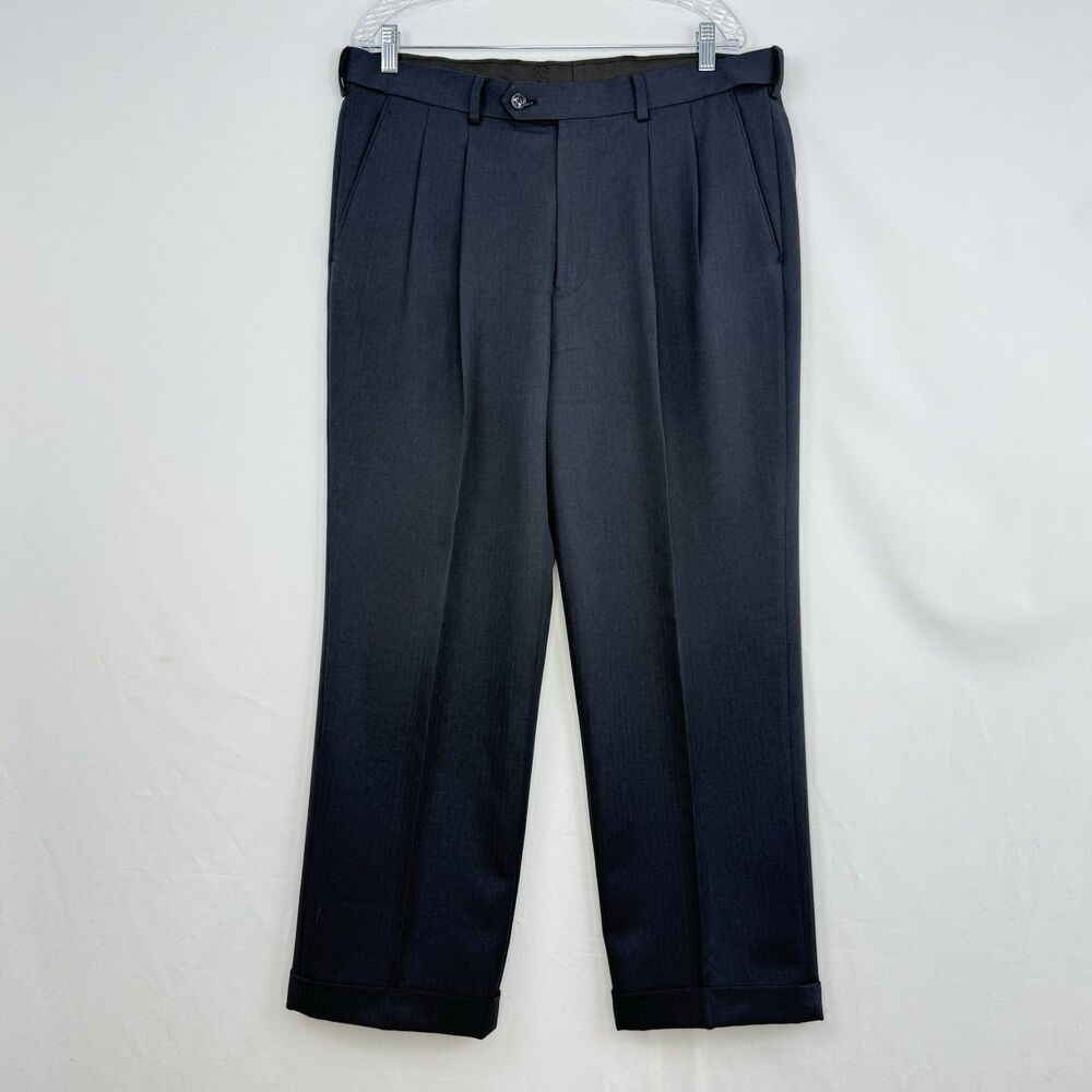 Paul Frederick Men’s 36x28 Navy Blue Pleated Dress Pants Cuffed Extended Waist